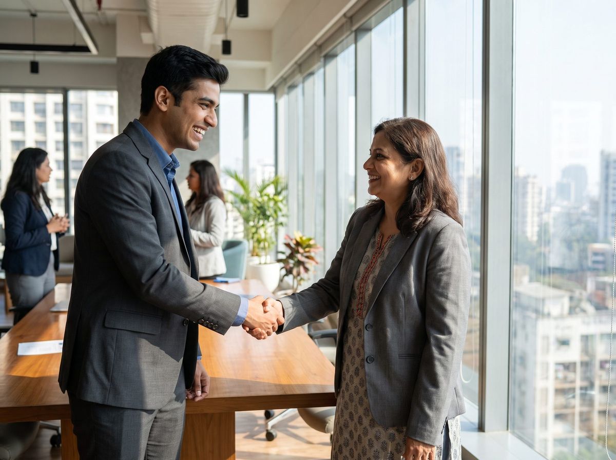 A graduate shaking hands with an interviewer after a successful campus interview